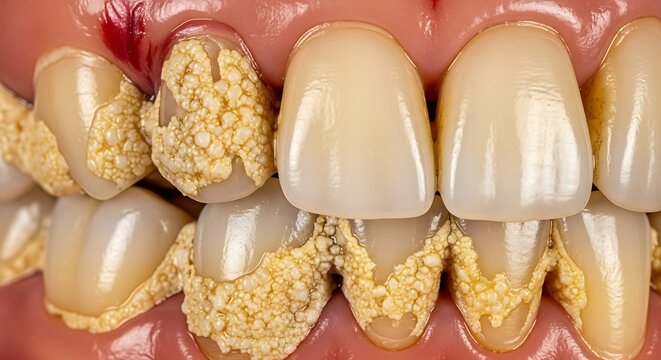Close-up of teeth with tartar buildup and plaque