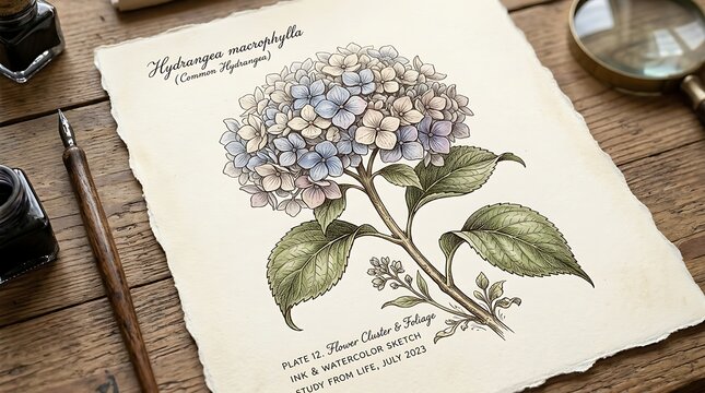 Vintage Hydrangea Flower Illustration on Paper