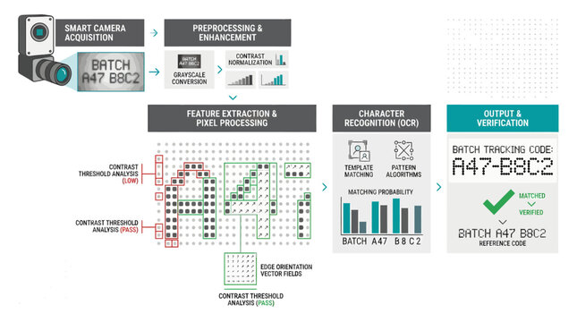 Industrial optical character recognition workflow diagram showing image acquisition, preprocessing, pixel analysis, and digital verification process