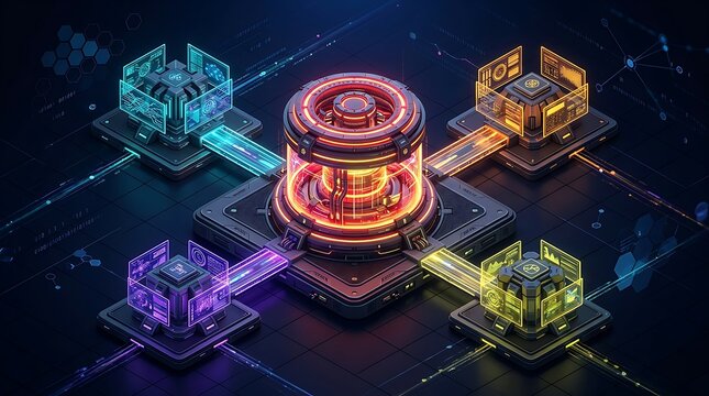 Isometric server complex with neon lighting and digital data streams 3d rendering