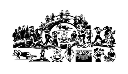 Fototapeta premium Circular fitness and gymnastics icon arrangement black and white vector