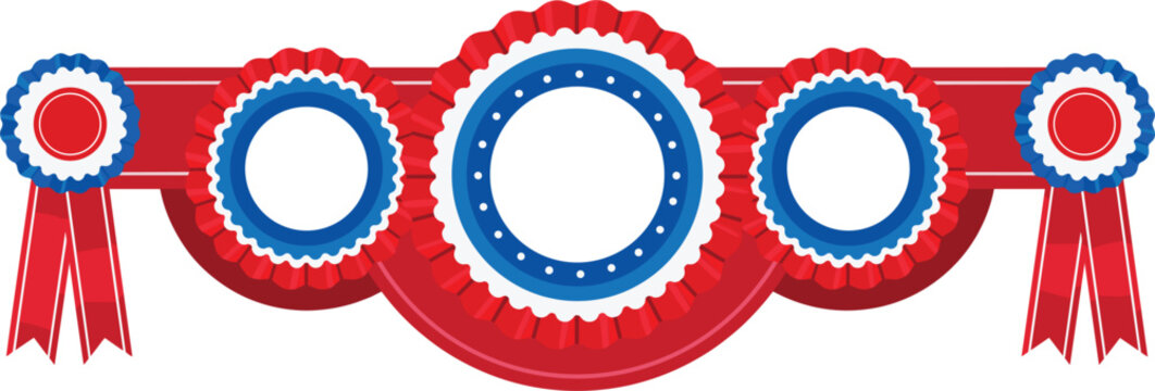 Patriotic rosette ribbon banner, red white and blue bunting vector for 4th of July decoration