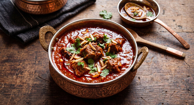 Rich Kashmiri rogan josh lamb curry in ornate copper bowl garnished with almonds and coriander on rustic wooden table with copy space