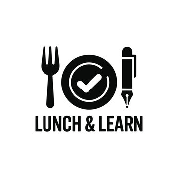 Lunch and learn logo icon with plate, cutlery and pen representing professional training, workshops and educational events.