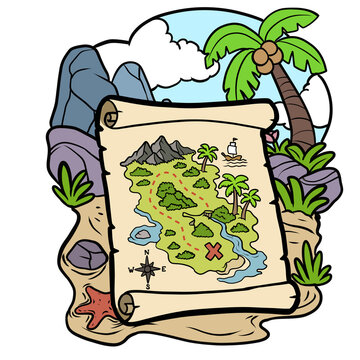 Vintage treasure hunt map on tropical island beach cartoon clipart