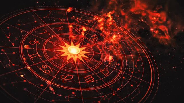 Stunning astrological zodiac wheel spinning with burning fire sparks and orange flame smoke over constellation stars background. Magical asset for horoscope, mystic, tarot, and esoteric content.