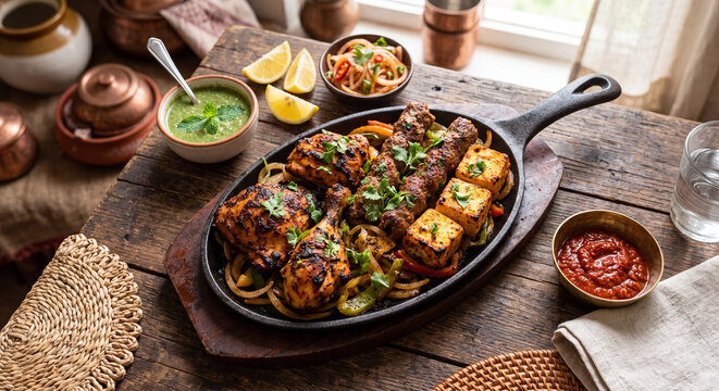Sizzling tandoori mixed grill platter with tandoori chicken, seekh kebab and paneer tikka with mint chutney on cast iron plate