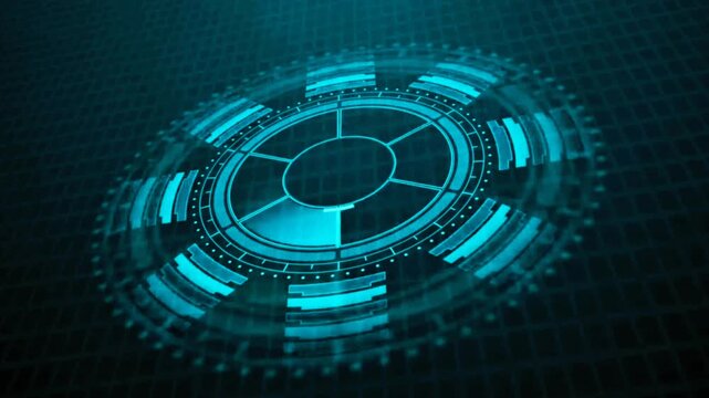Futuristic cyber HUD user interface circular loop with glowing neon blue telemetry data elements. Perfect visual asset for tech control panels, sci-fi concept visuals, and digital security screens
