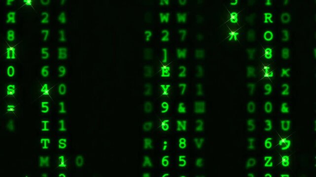 Futuristic cyber security interface animation with glowing blue and green numbers, warning error codes, flashing dates, and system telemetry glitch effects on a completely dark background