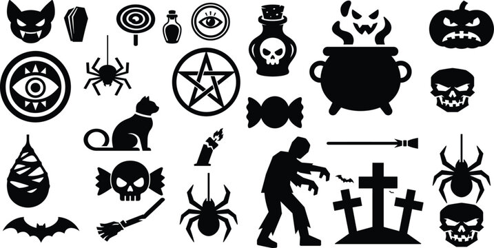 Comprehensive spooky Halloween vector silhouette icon bundle featuring zombie, witchcraft elements, black cat, mystic symbols, creepy crawlies, and graveyard scenes.