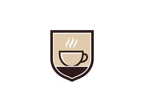 Coffee Cup Emblem with Steam and Shield Design.