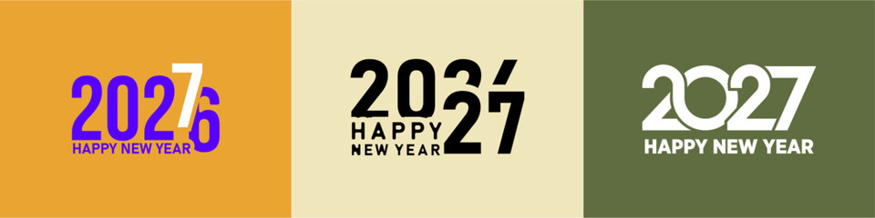 Vibrant new year 2026, 2027 celebration graphic design featuring bold typography with gradient and 3d effects, happy new year text in three distinct color backgrounds © Muhammad Foysal