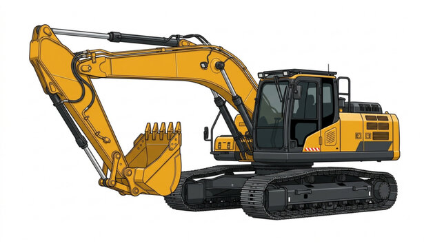 Tracked excavator machine with hydraulic digging arm vector isolated on white background