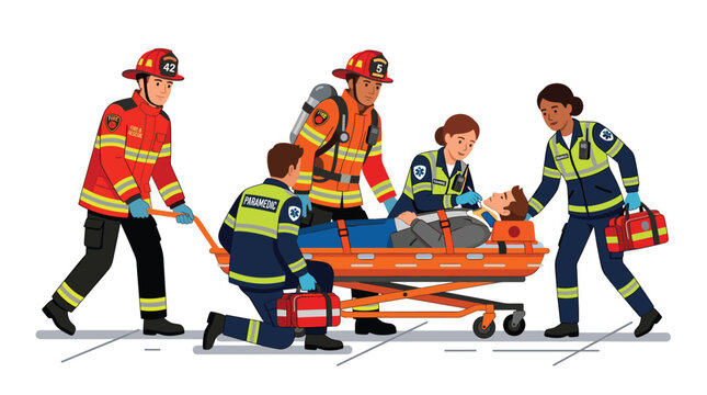 Firefighters and paramedics in protective uniforms transporting injured patient on stretcher, utilizing medical kits and life-saving gear during urgent rescue operation.