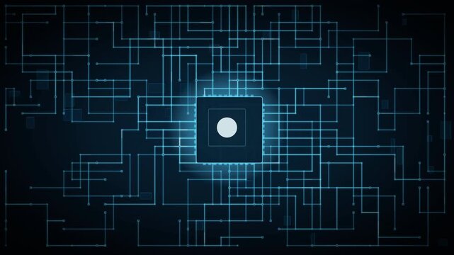 High-tech motherboard circuits lighting up with pulsing energy and neon blue traces, representing digital processing power.