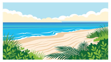 Obraz premium Scenic beach view framed by lush green palm leaves and tropical plants, overlooking a sandy shore and calm blue ocean waves under a sunny sky.