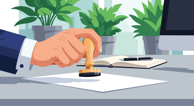 Hand in a suit sleeve using a wooden stamp on a blank document on a clean office desk with indoor plants and a computer monitor.