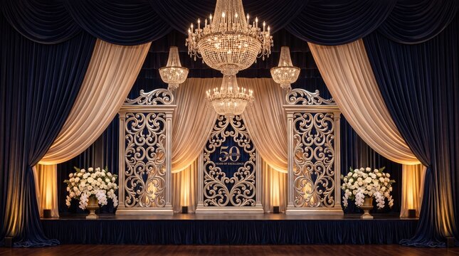 Opulent stage backdrop featuring velvet drapery for grand formal event.