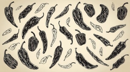 Obraz premium Various dried chili peppers are displayed across a light background in a detailed engraving style
