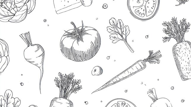 Hand drawn black and white illustrations of various garden produce form a seamless pattern background