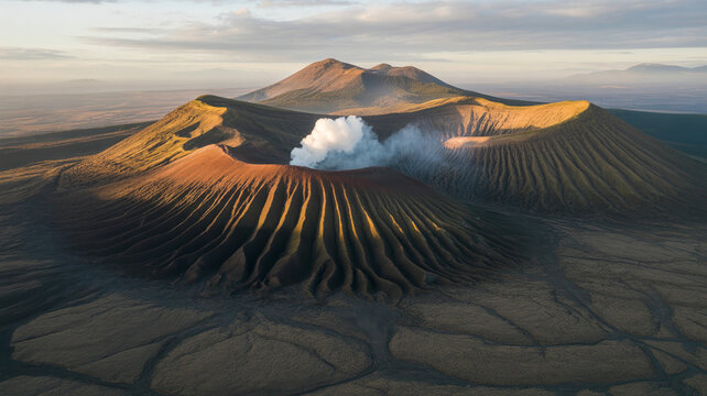 An aerial view of a massive volcanic crater with steam rising from the center surrounded by dark lava fields