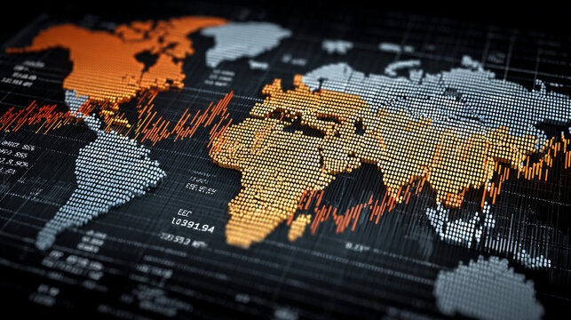 Digital world map with glowing data points and binary code overlay on dark background