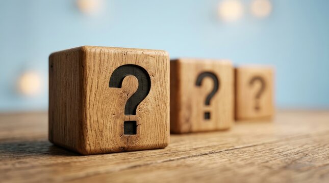 Wooden Blocks with Question Marks on Rustic Surface for Puzzle or Mystery Concept