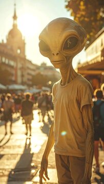 Tall Alien Humanoid Standing on Busy City Street at Golden Sunset