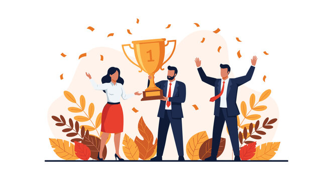 Corporate team celebrating success with a large gold trophy held by a man amidst autumn foliage for leadership achievement and business growth concepts.