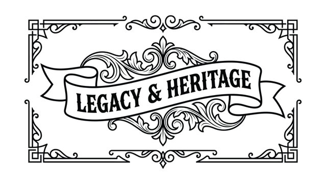 Vintage label with legacy and heritage text in ornate design  decorative banner with floral elements  elegant typography