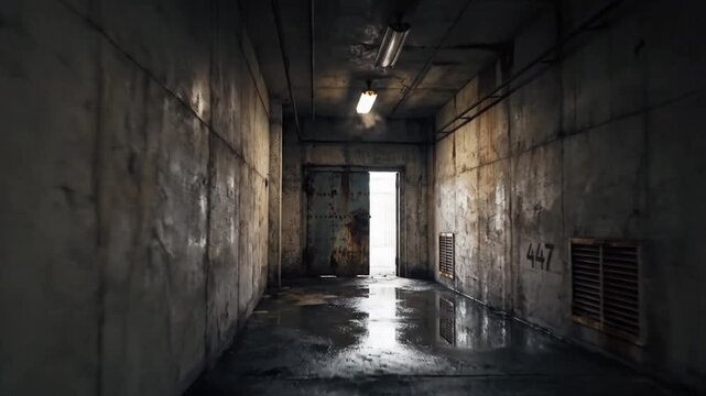 Industrial concrete hallway with yellow numbers on the wall.