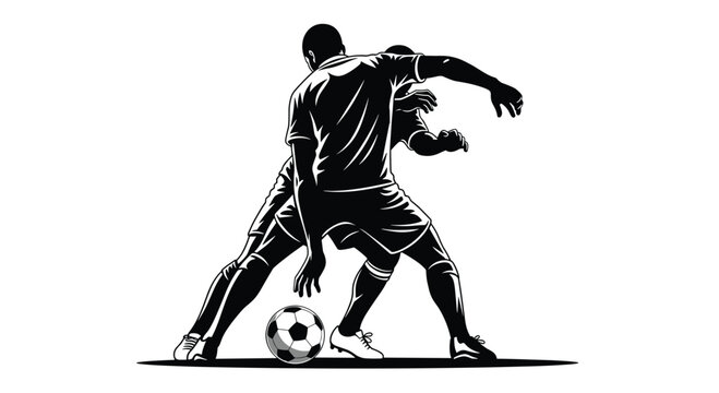 Soccer players tackling for the ball in a high-contrast black and white silhouette graphic for intense sports competition and rivalry themes.