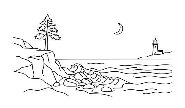 Minimalist sea coast landscape vector line art with ocean waves rocks and lighthouse sketch illustration on white background