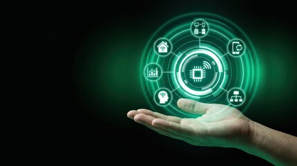 Fototapeta premium IoT, Artificial Intelligence, Smart Home, Digital Transformation, Technology, Innovation, Data Analytics showing a hand holding glowing green holographic icons for future automation.