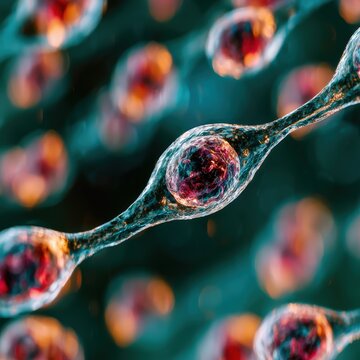 Macro bio engineered cellular matrix showing microscopic view of replicating stem cells in translucent fluid environment.
