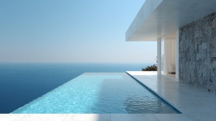 Fototapeta premium Modern luxury residence features an infinity edge swimming pool overlooking vast ocean horizon
