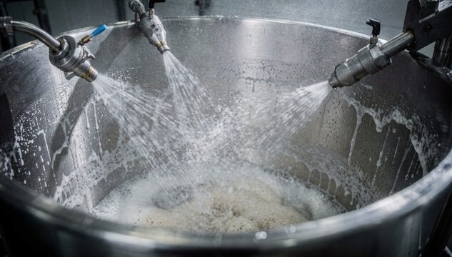 Medium shot of automated CIP system spraying caustic solution inside mixing vessel for thorough chemical cleaning ensuring residue removal and hygiene compliance.