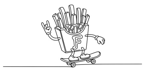 Cool cartoon french fries character wearing sunglasses riding a skateboard and showing a rock gesture for a fun fast food mascot design © Kanu Art_Gallery