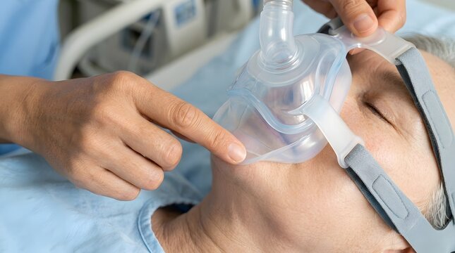 Close up healthcare perspective displays medical worker checking oxygen device facial seal.