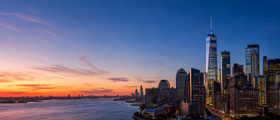 Fototapeta premium Modern City Skyline Panorama at Sunset over River