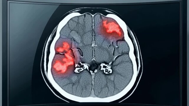 CT brain scan image with glowing red highlights indicating stroke and tumor regions, 4K video