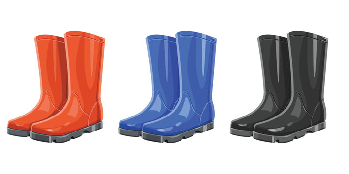 Color Selection of Rain Boots: A trio of rain boot pairs in red, blue, and black, showcased for their waterproof quality and outdoor utility.