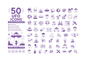 Set of 50 Purple UFO Alien Space Icons Vector Illustration Bundle © Khan