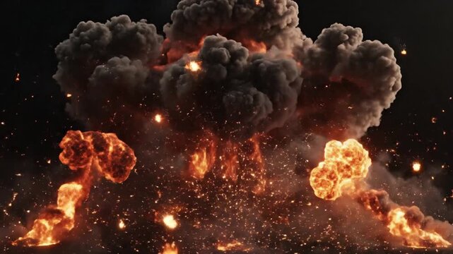 Massive Fireball Explosion with Debris and Smoke Against Dark Background, Dramatic Destruction Visuals for Action and Disaster Concepts