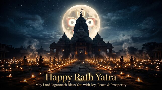Happy rath yatra festival greeting card with divine temple