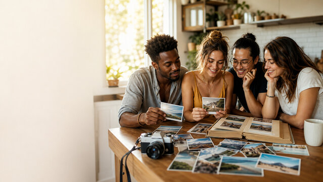 Group of young adults smiling around a kitchen table while looking through printed travel photos, album pages and a camera in warm natural light.