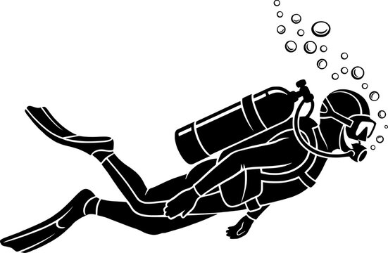 Scuba Diver Underwater Exploration Silhouette, Professional Deep Sea Diving Adventure Illustration with Air Tank and Bubbles Isolated on White Background