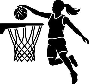 Female Basketball Player Performing Slam Dunk Silhouette, Dynamic Athletic Sports Action Illustration with Hoop Isolated on White Background
