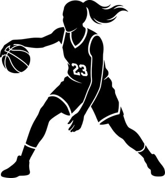Female Basketball Player Dribbling Ball Silhouette, Dynamic Sports Action Illustration of Athletic Woman Isolated on White Background