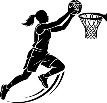 Dynamic Female Basketball Player Dunking Ball into Hoop Silhouette, Athletic Sports Action Illustration Isolated on White Background